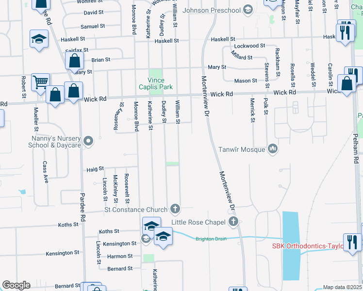 map of restaurants, bars, coffee shops, grocery stores, and more near 9605 William Street in Taylor