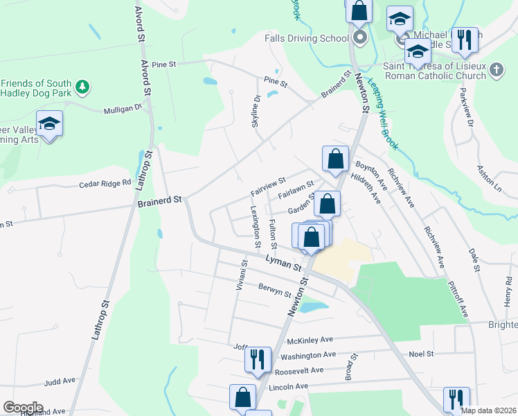 map of restaurants, bars, coffee shops, grocery stores, and more near 39 Lexington Street in South Hadley