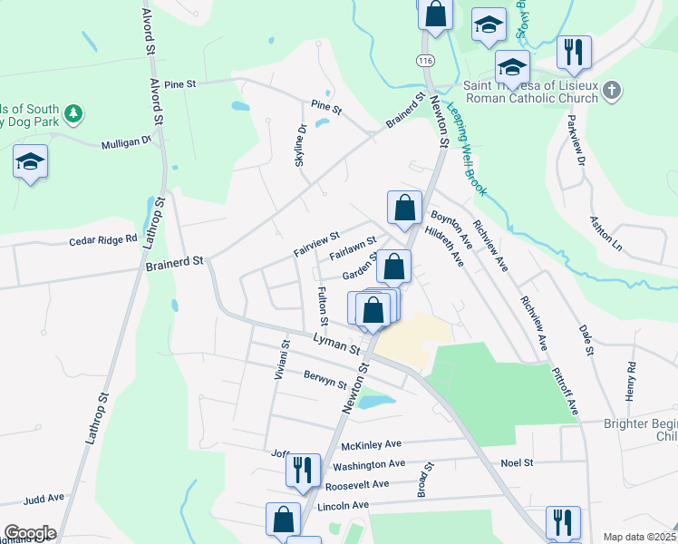 map of restaurants, bars, coffee shops, grocery stores, and more near 35 Garden Street in South Hadley