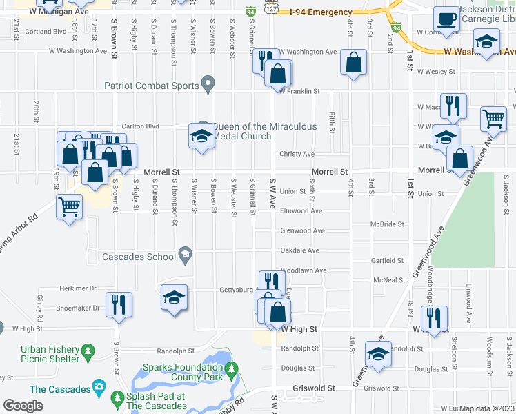 map of restaurants, bars, coffee shops, grocery stores, and more near 1011 South Grinnell Street in Jackson