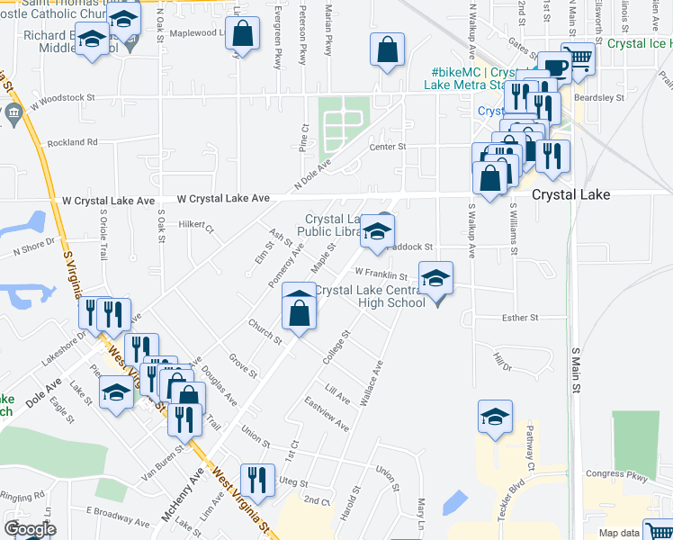 map of restaurants, bars, coffee shops, grocery stores, and more near 200 Ash Street in Crystal Lake