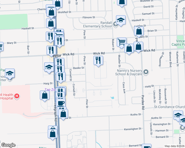 map of restaurants, bars, coffee shops, grocery stores, and more near 9506 Oak St in Taylor