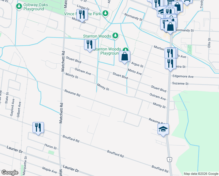 map of restaurants, bars, coffee shops, grocery stores, and more near 1351 Monty Street in Windsor