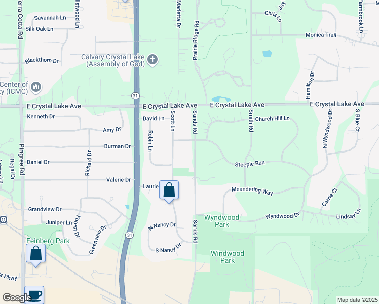 map of restaurants, bars, coffee shops, grocery stores, and more near 6213 Sands Road in Crystal Lake