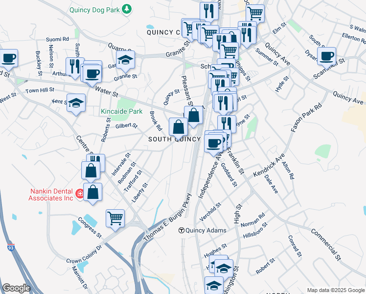 map of restaurants, bars, coffee shops, grocery stores, and more near 27 Penn Street in Quincy