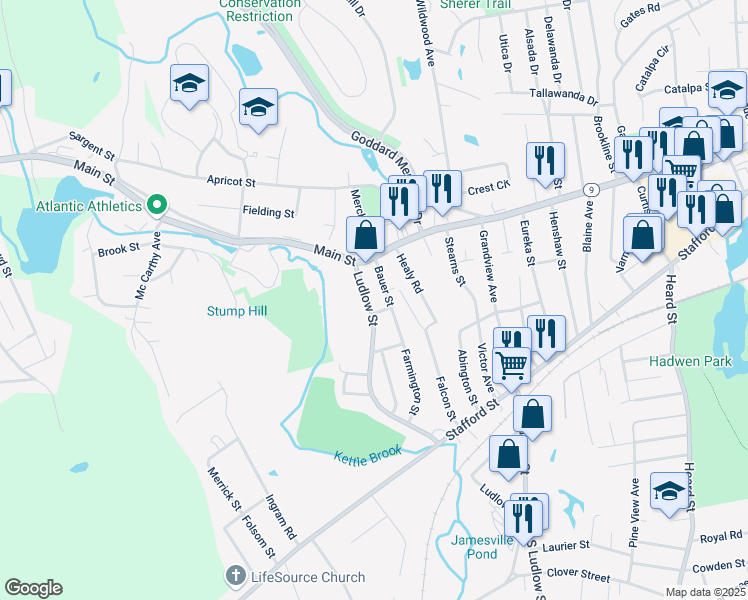 map of restaurants, bars, coffee shops, grocery stores, and more near 8A Ludlow Street in Worcester