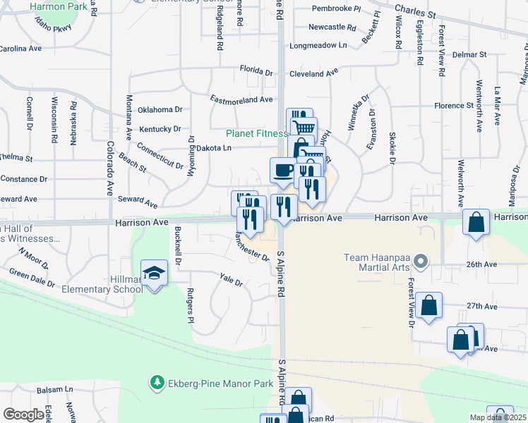map of restaurants, bars, coffee shops, grocery stores, and more near 4242 Harrison Avenue in Rockford