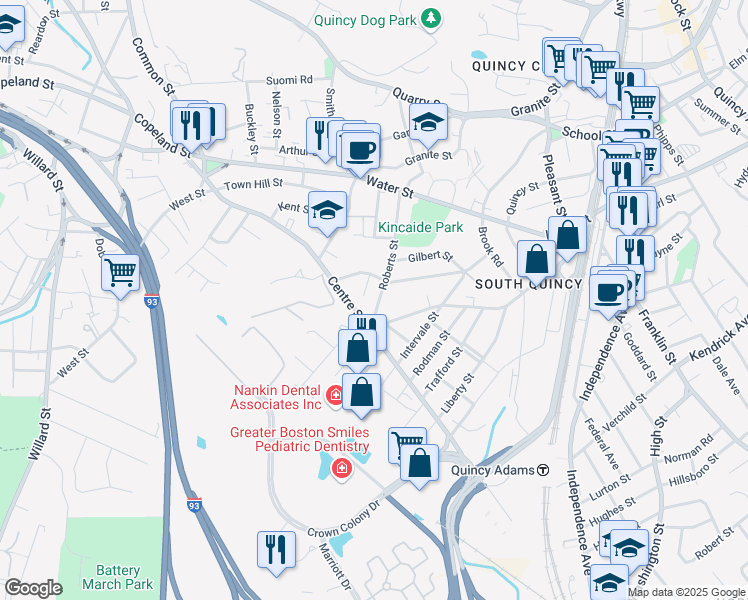 map of restaurants, bars, coffee shops, grocery stores, and more near 107 Roberts Street in Quincy