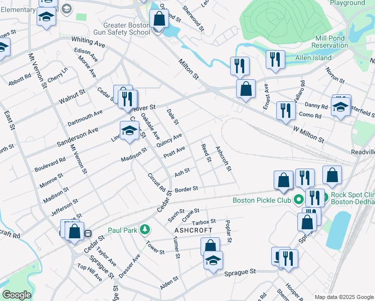 map of restaurants, bars, coffee shops, grocery stores, and more near 98 Dale Street in Dedham