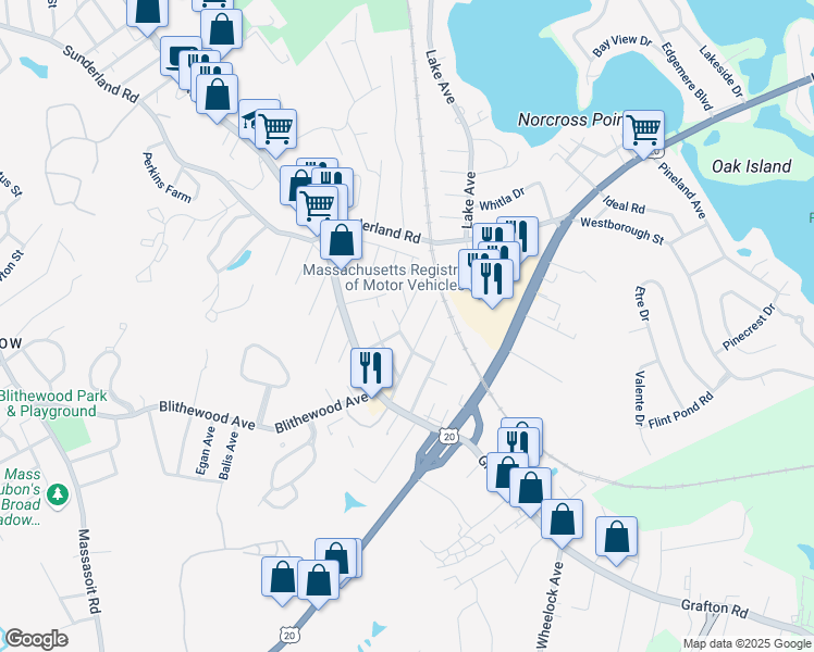 map of restaurants, bars, coffee shops, grocery stores, and more near 25 Clarissa Street in Worcester