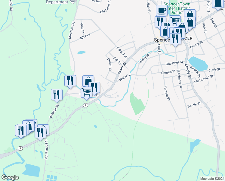 map of restaurants, bars, coffee shops, grocery stores, and more near 4 West Main Street in Spencer