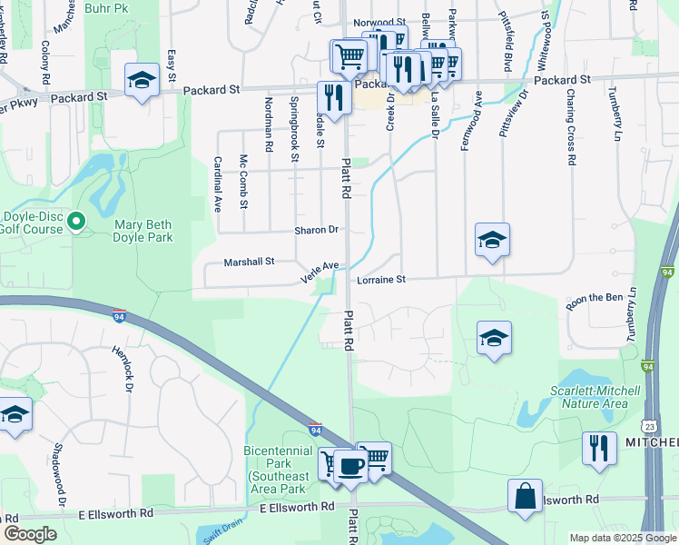 map of restaurants, bars, coffee shops, grocery stores, and more near 3466 Platt Road in Ann Arbor