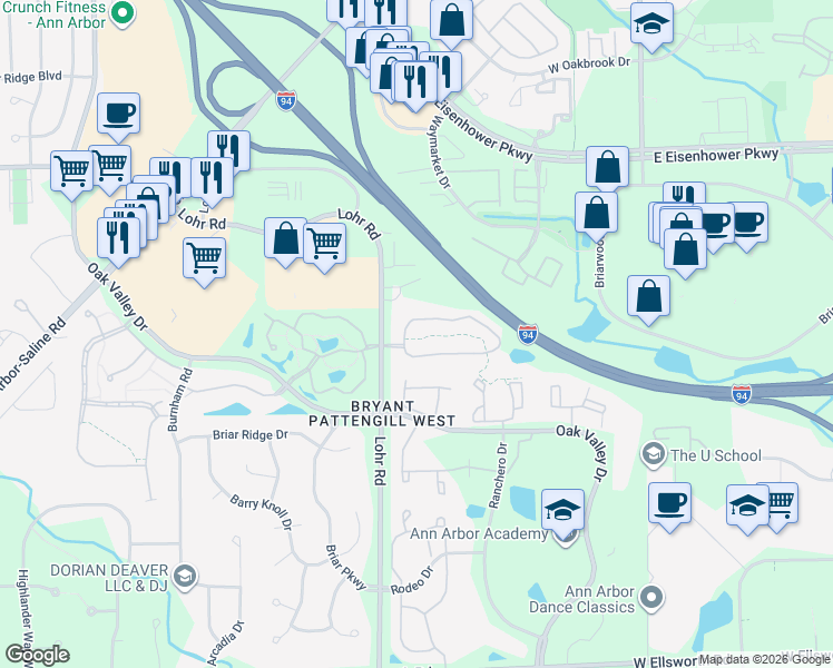 map of restaurants, bars, coffee shops, grocery stores, and more near 1466 Millbrook Trail in Ann Arbor