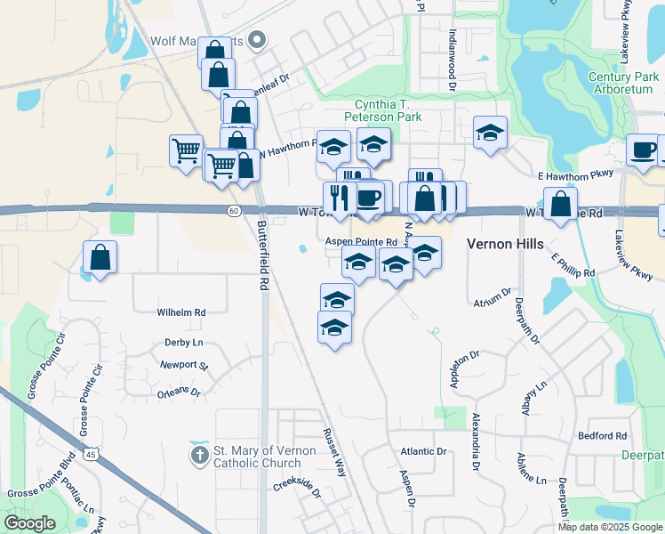 map of restaurants, bars, coffee shops, grocery stores, and more near 309 Alpine Springs Drive in Vernon Hills