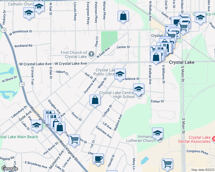 map of restaurants, bars, coffee shops, grocery stores, and more near 200 Ash Street in Crystal Lake