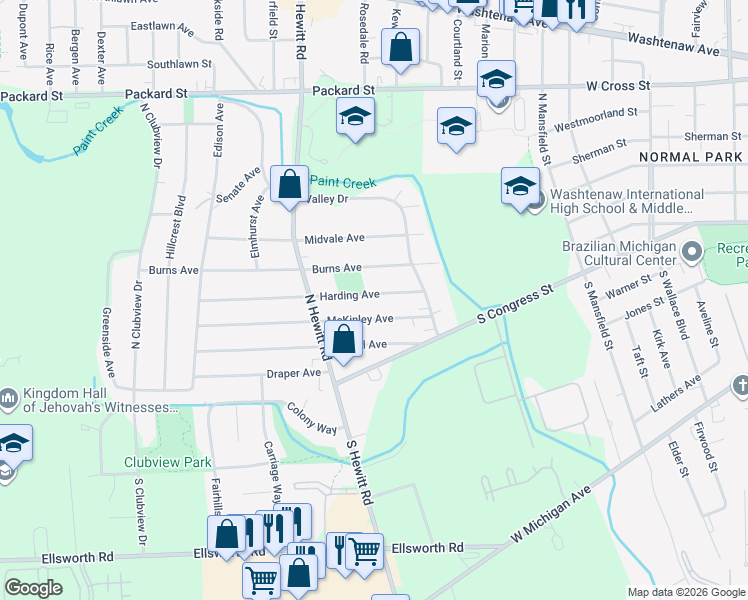 map of restaurants, bars, coffee shops, grocery stores, and more near 2017 Harding Avenue in Ypsilanti