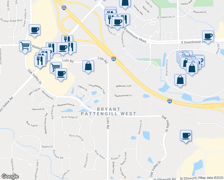map of restaurants, bars, coffee shops, grocery stores, and more near 1466 Millbrook Trail in Ann Arbor