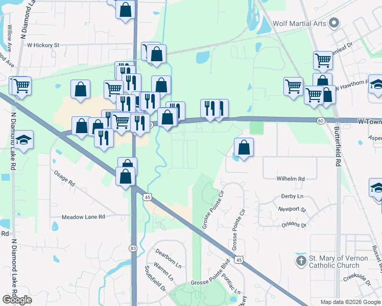 map of restaurants, bars, coffee shops, grocery stores, and more near 46 Oak Creek Plaza in Mundelein