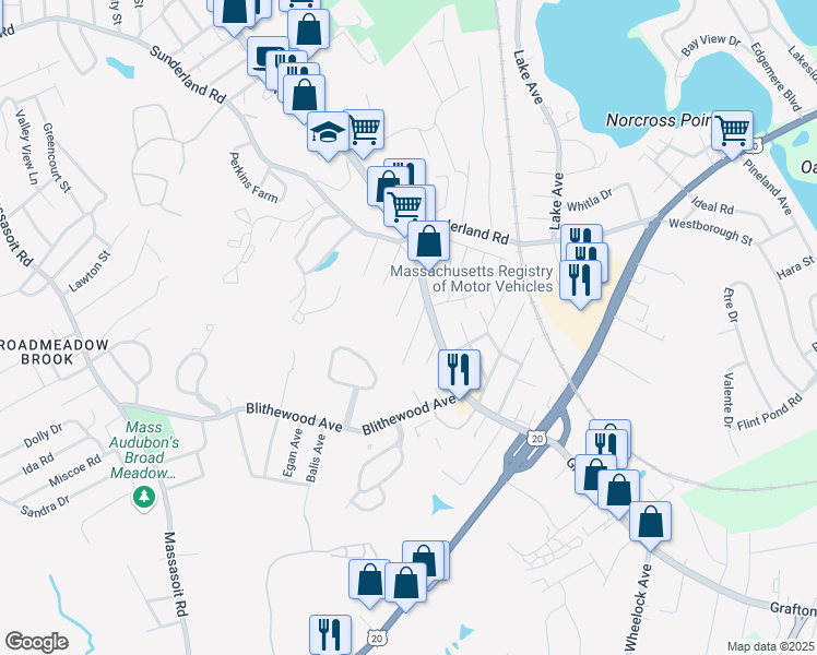 map of restaurants, bars, coffee shops, grocery stores, and more near 16 Monteforte Street in Worcester