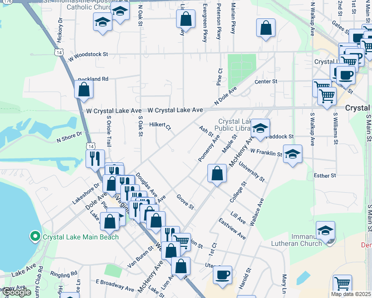 map of restaurants, bars, coffee shops, grocery stores, and more near 98 Elm Street in Crystal Lake