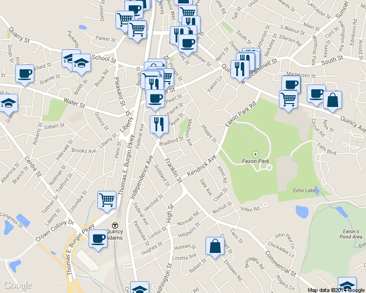 map of restaurants, bars, coffee shops, grocery stores, and more near 50 Endicott St in Quincy