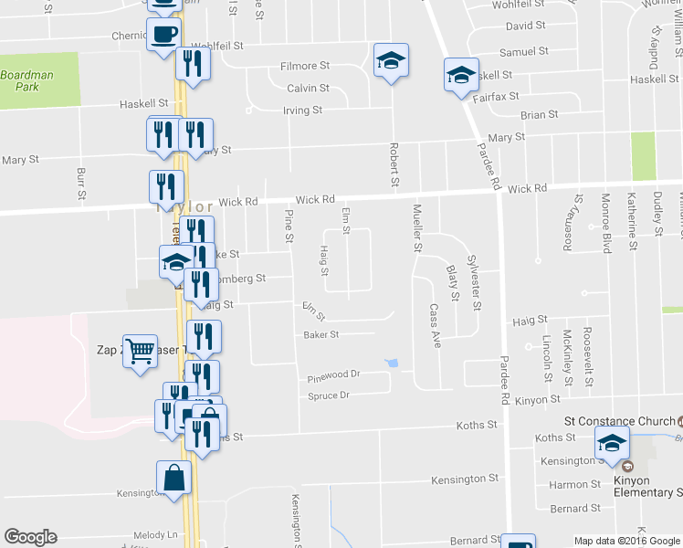 map of restaurants, bars, coffee shops, grocery stores, and more near 9506 Elm Street in Taylor