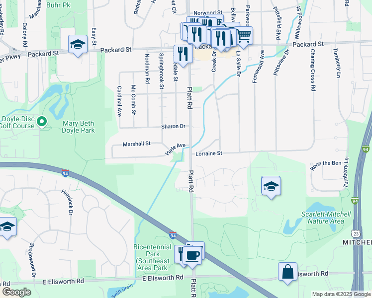 map of restaurants, bars, coffee shops, grocery stores, and more near 3466 Platt Road in Ann Arbor