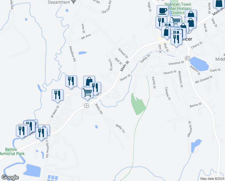 map of restaurants, bars, coffee shops, grocery stores, and more near 6 Main Street in Spencer