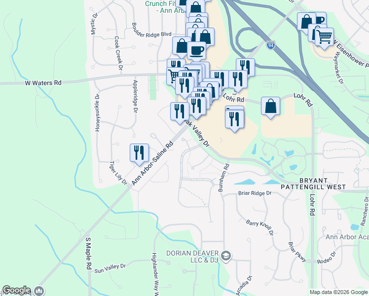 map of restaurants, bars, coffee shops, grocery stores, and more near 2083 Bent Trail Court in Ann Arbor