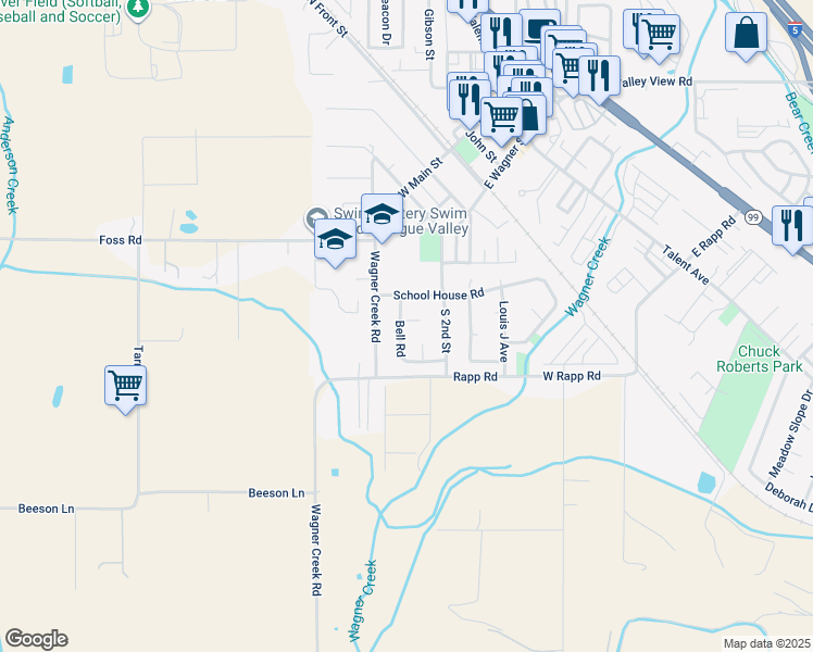 map of restaurants, bars, coffee shops, grocery stores, and more near 202 Jacob Circle in Talent