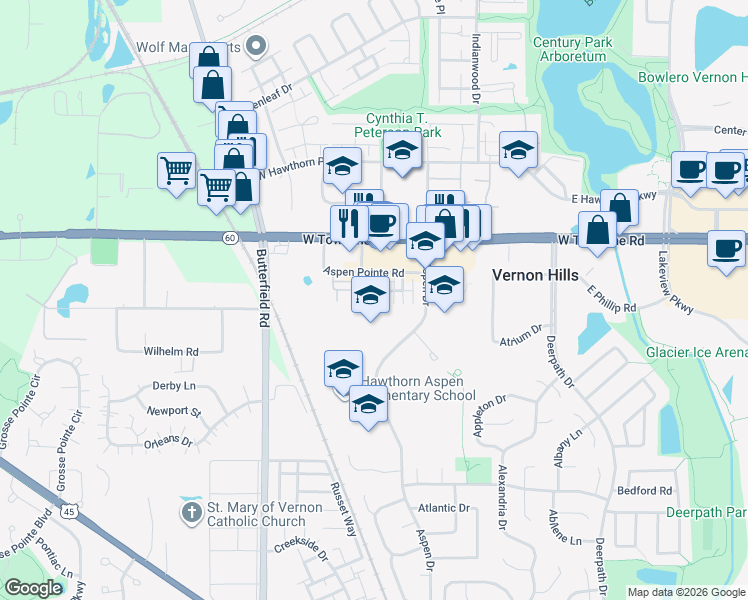 map of restaurants, bars, coffee shops, grocery stores, and more near 712 Telluride Court in Vernon Hills