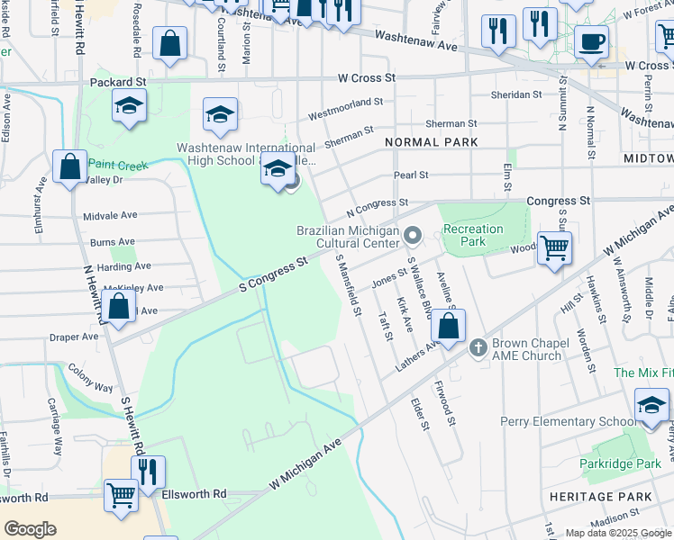 map of restaurants, bars, coffee shops, grocery stores, and more near 32 S Mansfield St in Ypsilanti