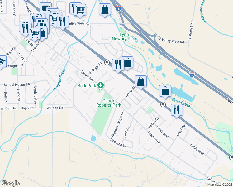 map of restaurants, bars, coffee shops, grocery stores, and more near 615 Talent Avenue in Talent