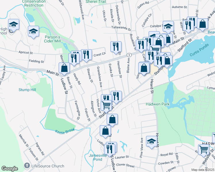 map of restaurants, bars, coffee shops, grocery stores, and more near 47 Lavallee Terrace in Worcester