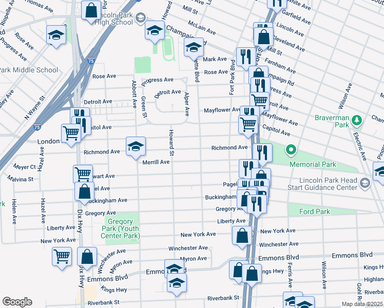 map of restaurants, bars, coffee shops, grocery stores, and more near 1523 Richmond Avenue in Lincoln Park