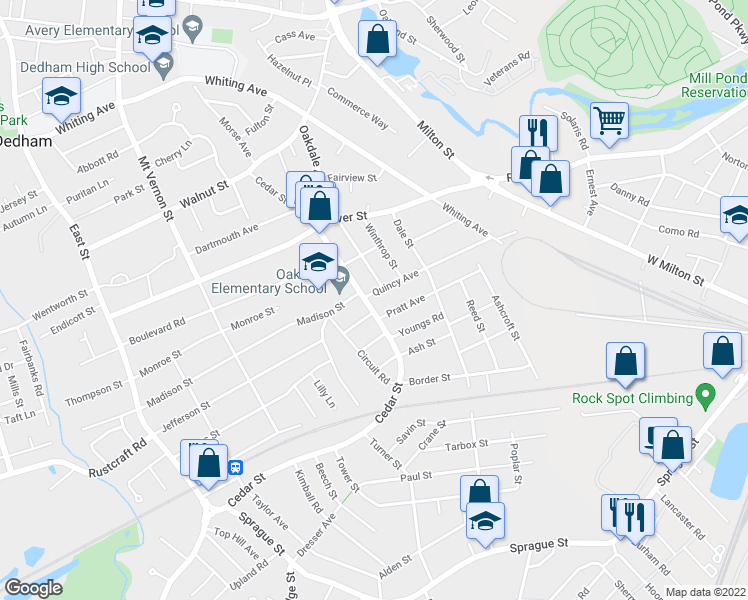 map of restaurants, bars, coffee shops, grocery stores, and more near 174 Quincy Avenue in Dedham
