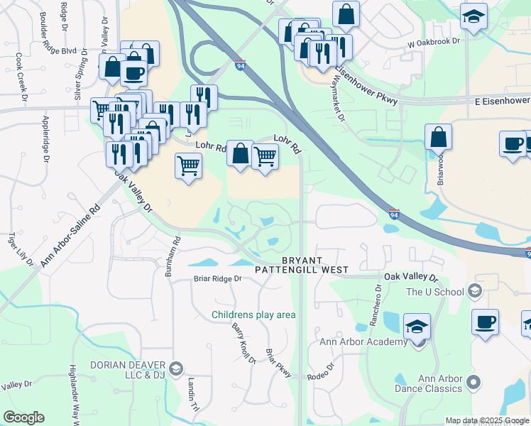map of restaurants, bars, coffee shops, grocery stores, and more near 1579 Long Meadow Trail Drive in Ann Arbor