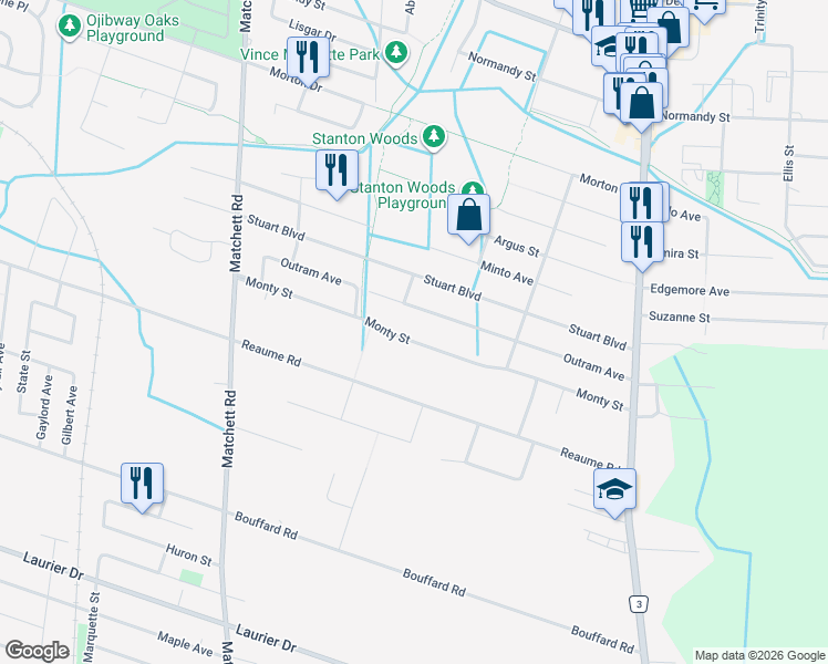 map of restaurants, bars, coffee shops, grocery stores, and more near 1351 Monty Street in Windsor