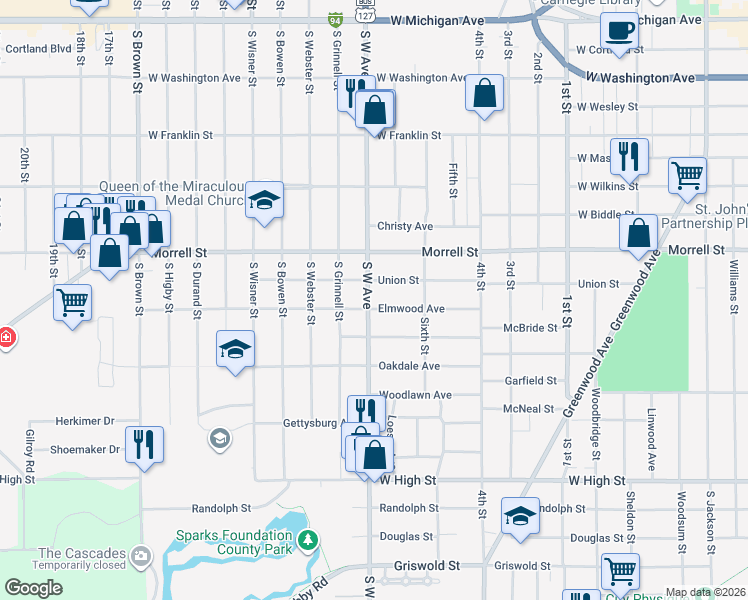 map of restaurants, bars, coffee shops, grocery stores, and more near 1011 South West Avenue in Jackson