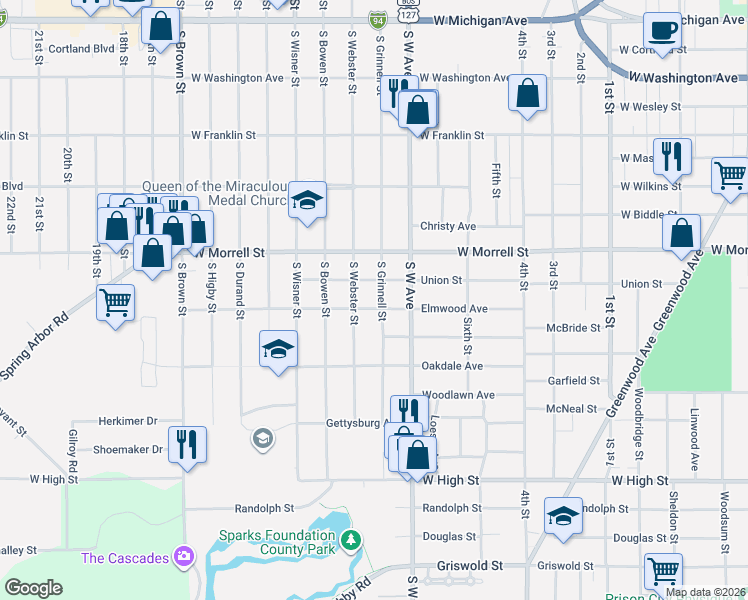map of restaurants, bars, coffee shops, grocery stores, and more near 1011 South Grinnell Street in Jackson