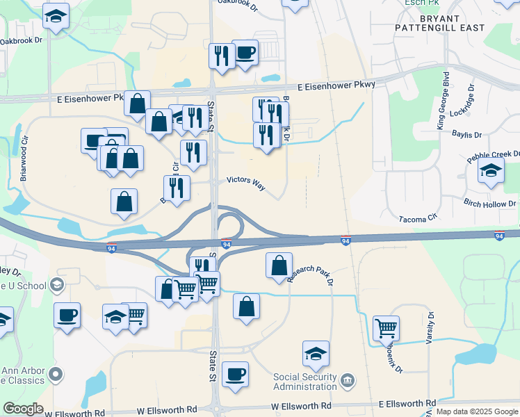 map of restaurants, bars, coffee shops, grocery stores, and more near 801-899 Victors Way in Ann Arbor Charter Township