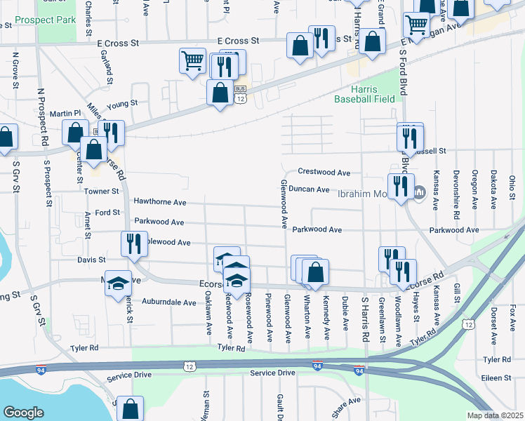 map of restaurants, bars, coffee shops, grocery stores, and more near 1130 Hawthorne Avenue in Ypsilanti