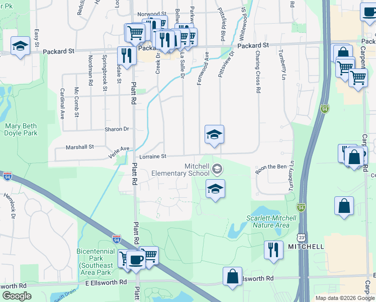 map of restaurants, bars, coffee shops, grocery stores, and more near 3483 La Salle Drive in Ann Arbor