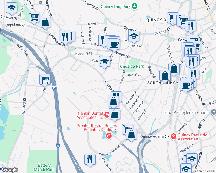 map of restaurants, bars, coffee shops, grocery stores, and more near 205 Centre Street in Quincy