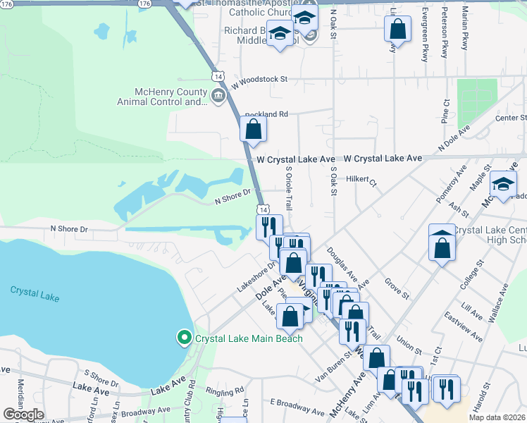 map of restaurants, bars, coffee shops, grocery stores, and more near South Virginia Street in Crystal Lake