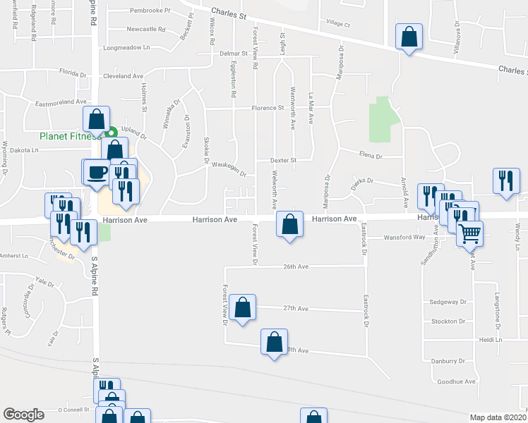 map of restaurants, bars, coffee shops, grocery stores, and more near 5030 Harrison Avenue in Rockford