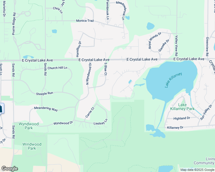 map of restaurants, bars, coffee shops, grocery stores, and more near 6218 South Blue Court in Crystal Lake