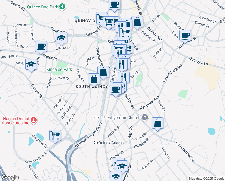 map of restaurants, bars, coffee shops, grocery stores, and more near 43-71 Federal Avenue in Quincy