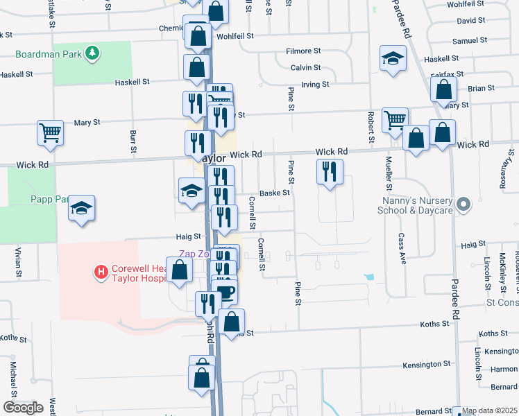 map of restaurants, bars, coffee shops, grocery stores, and more near 23750 Schomberg Street in Taylor