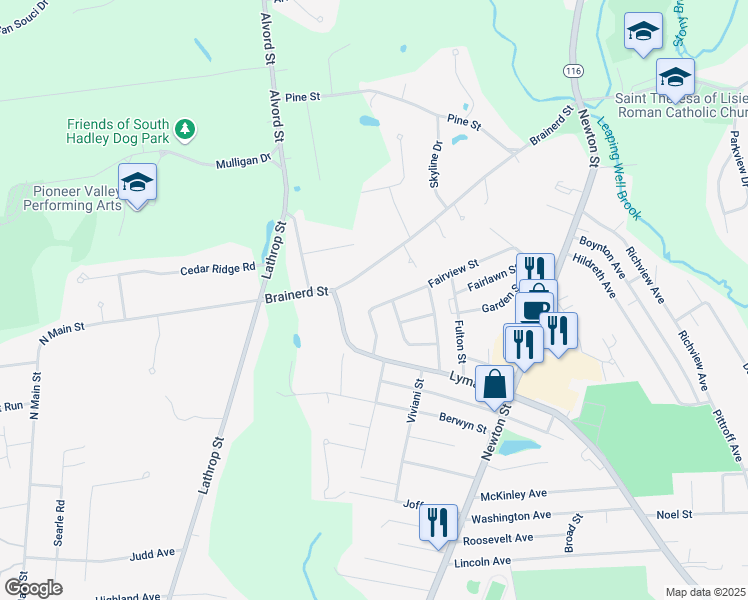 map of restaurants, bars, coffee shops, grocery stores, and more near 85 Fairview Street in South Hadley